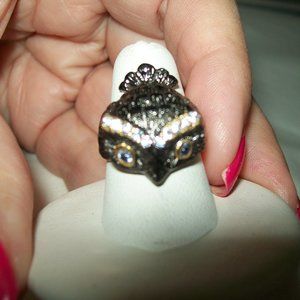 ADORABLE FINE SILVER AND TANZANITE OWL RING SIZE 6.25